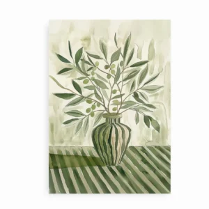 Plakat med illustration af olivengren i grønstribet vase.