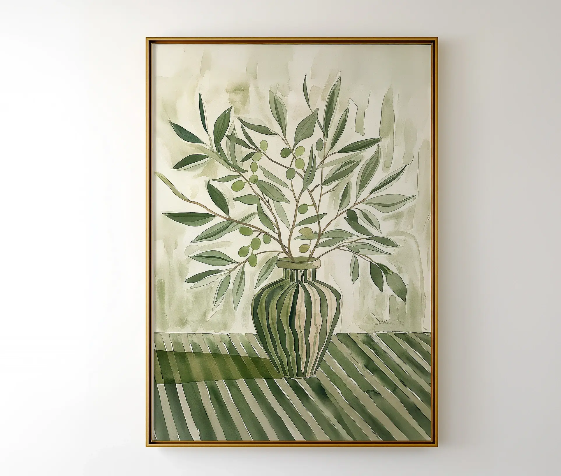 Plakat med grøn vase og olivengren i ramme hængt op på væg.