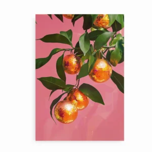 Plakat med grønne blade og orange discokugler på lyserød baggrund