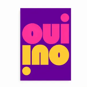 Grafisk plakat med teksten "Oui" i rød og "Oui" spejlvendt i blå på lyserød baggrund