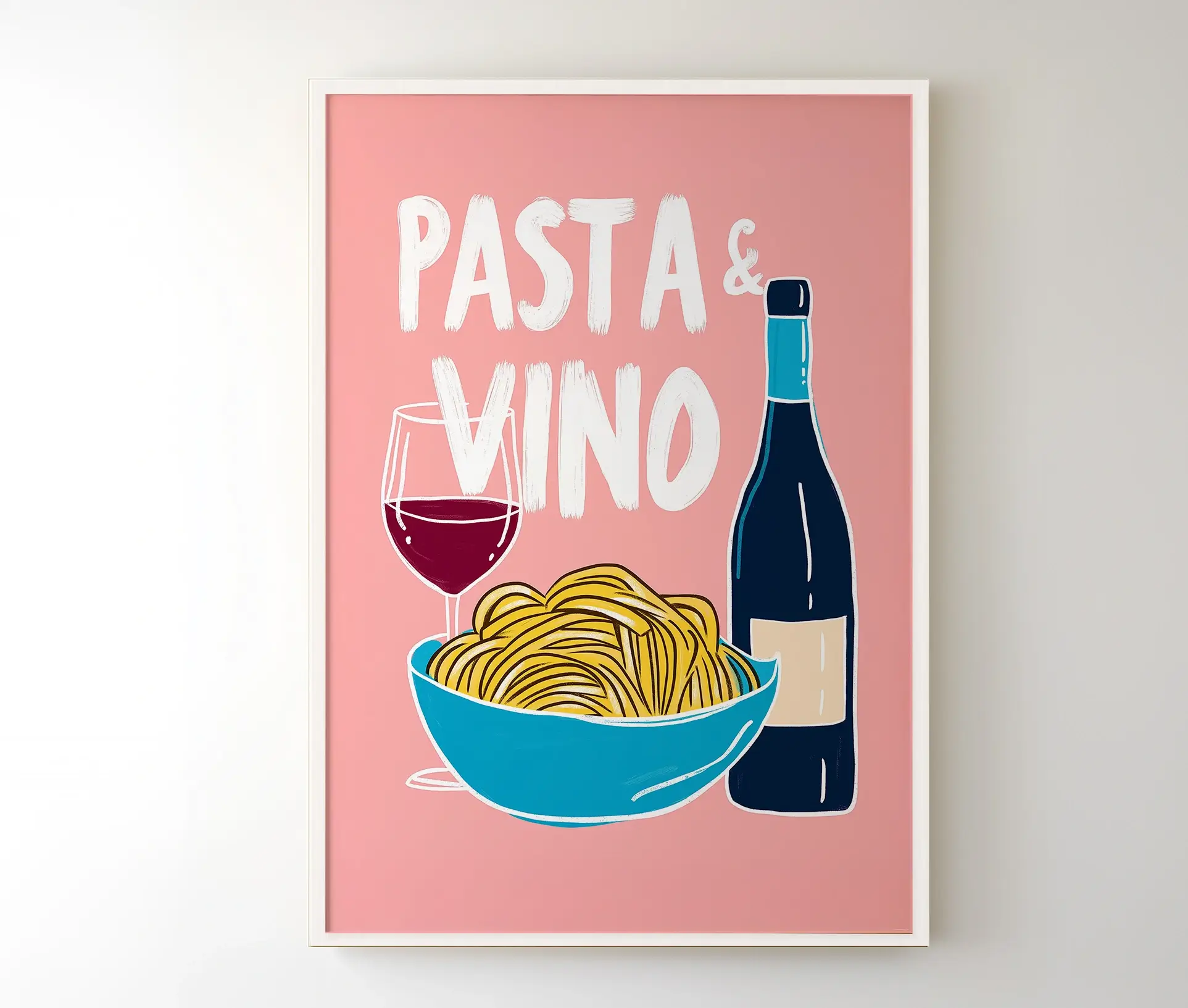 Indrammet plakat med "PASTA & VINO" i hvid tekst og farverige illustrationer af mad og vin.