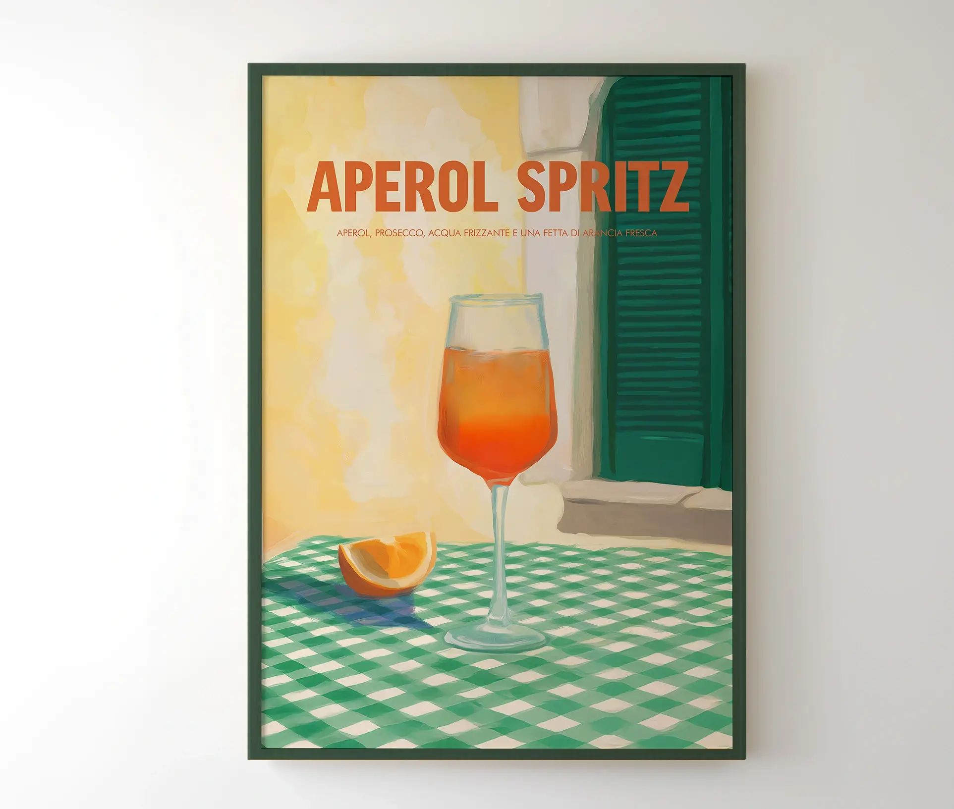 Indrammet plakat med Aperol Spritz på væg med farverigt motiv og tekst.