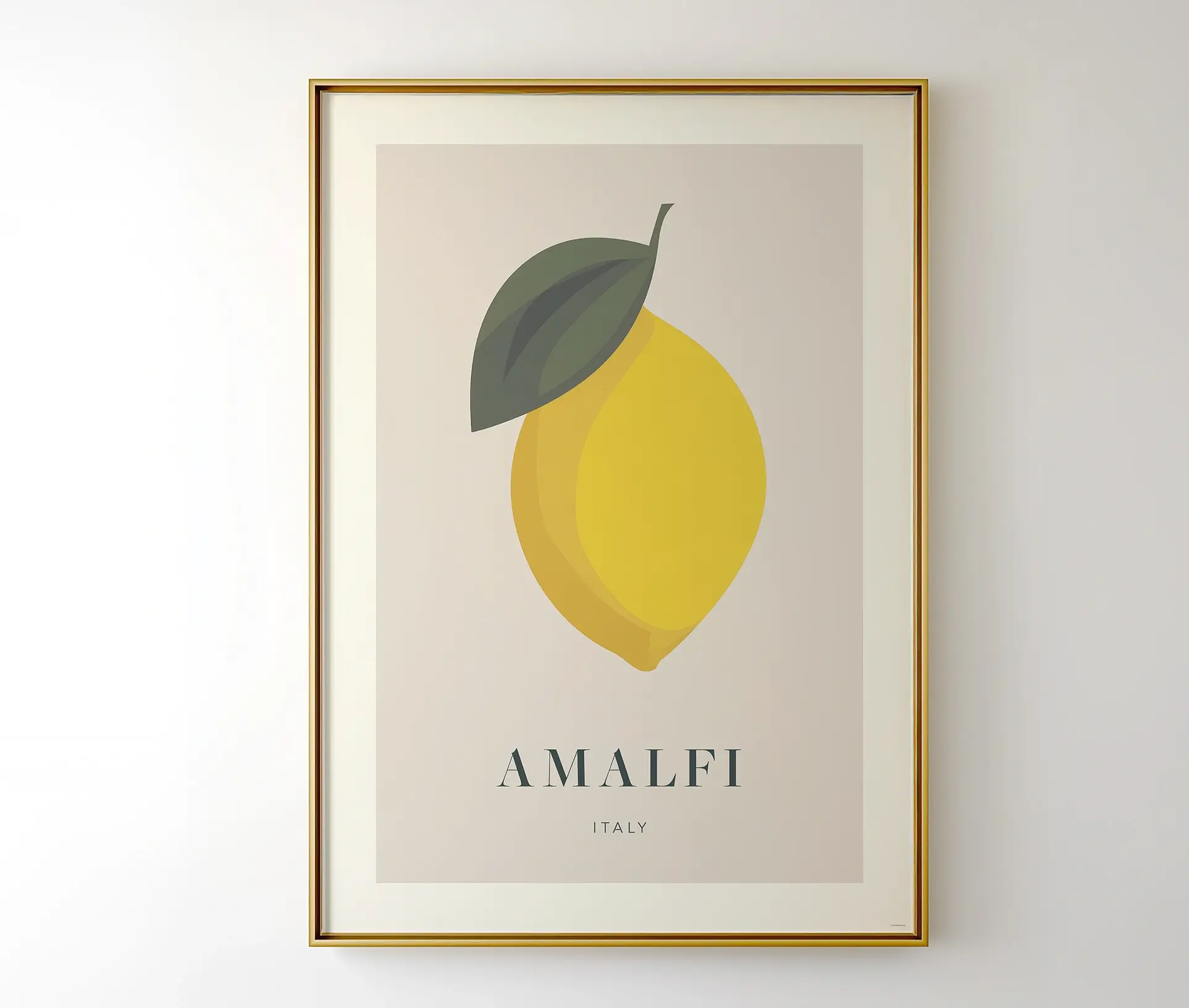 Plakat med citronmotiv og teksten Amalfi Italy – hængende på væg