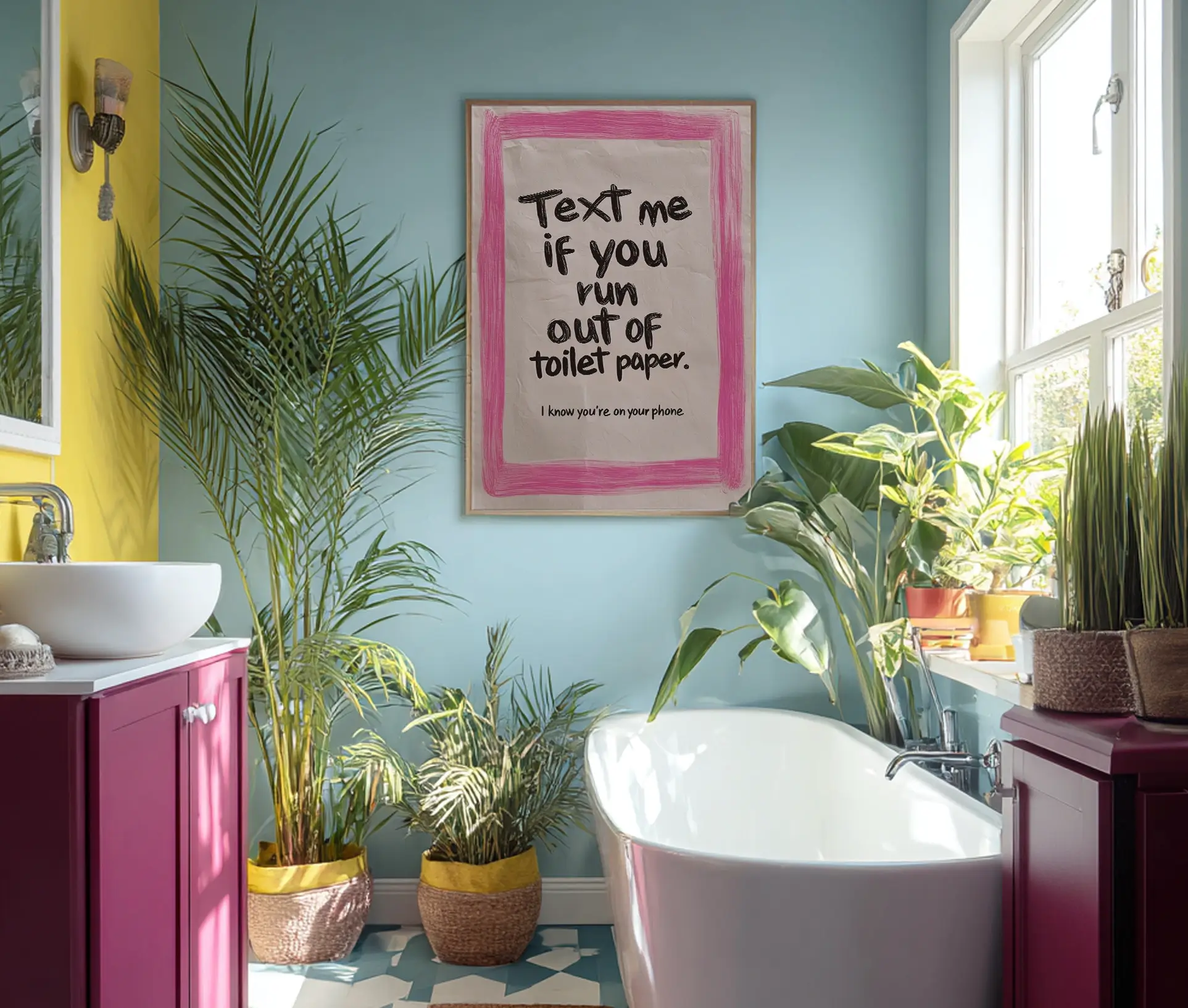 Plakat med sjov tekst ophængt på væg i badeværelse.