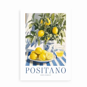 Indrammet plakat med citroner og tekst "Positano – Costa d’Amalfi"