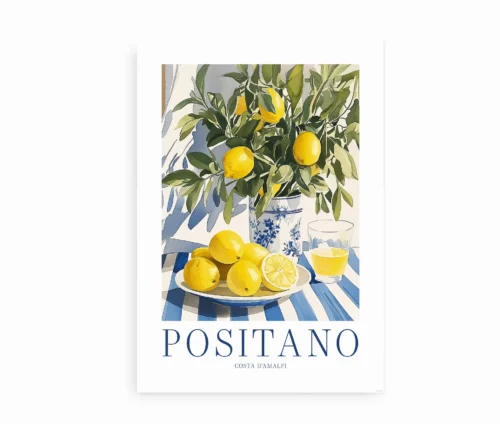 Indrammet plakat med citroner og tekst "Positano – Costa d’Amalfi"