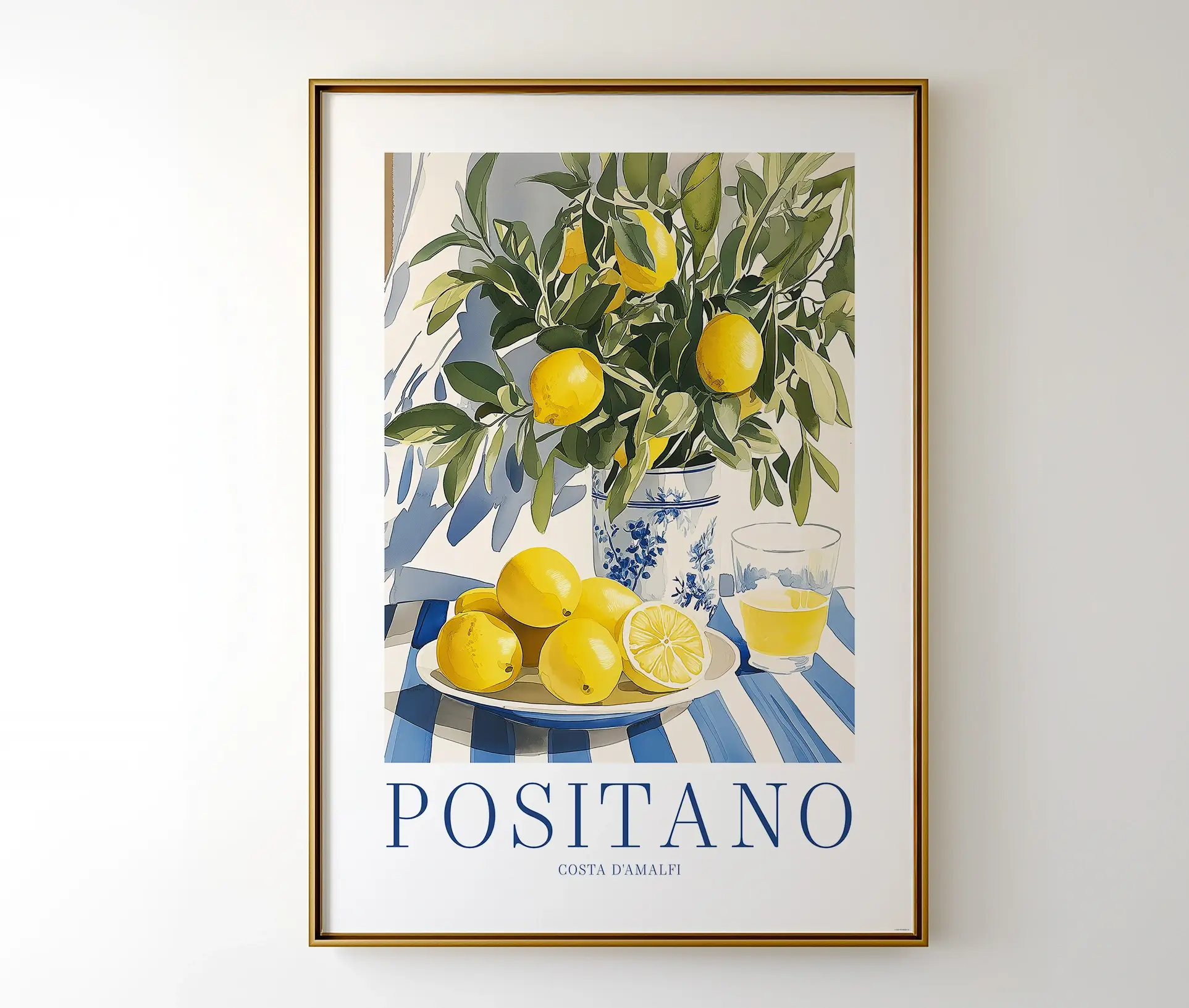 Plakat med citroner, grønne blade og tekst "Positano – Costa d'Amalfi" i gylden ramme