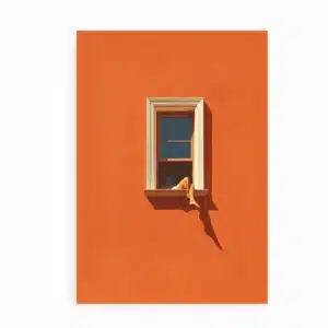 Plakat med orange væg og vindue, hvor to ben stikker ud i solen
