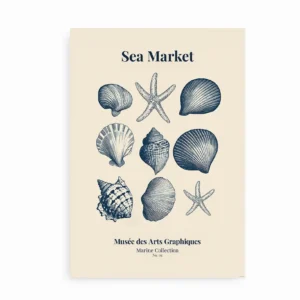 Plakat med illustration af muslingeskaller og søstjerner i vintage stil.