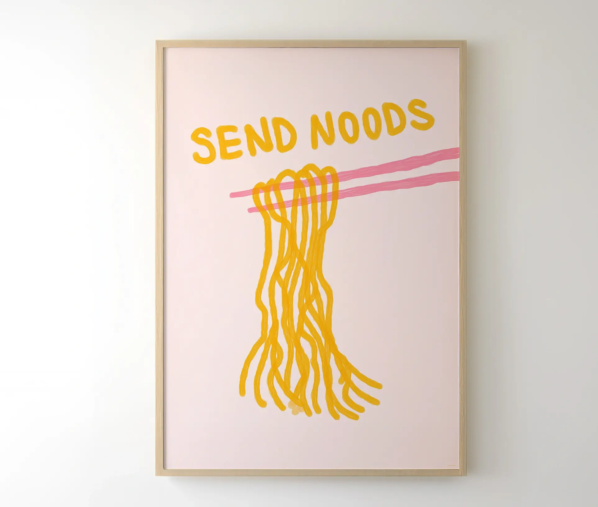Plakat med nudelillustration og teksten "Send Noods" indrammet og hængende på væg