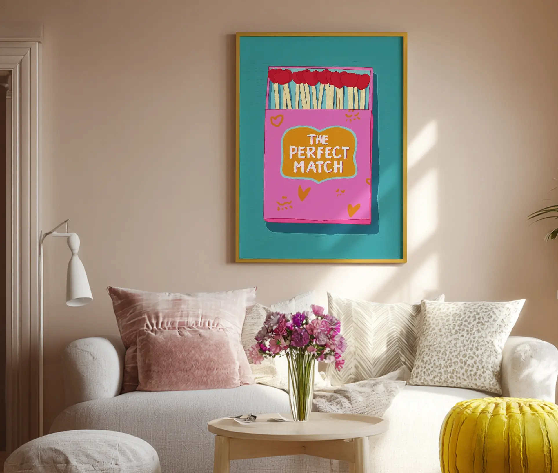 Plakat med tændstikæske og teksten The Perfect Match i pink og blå nuancer