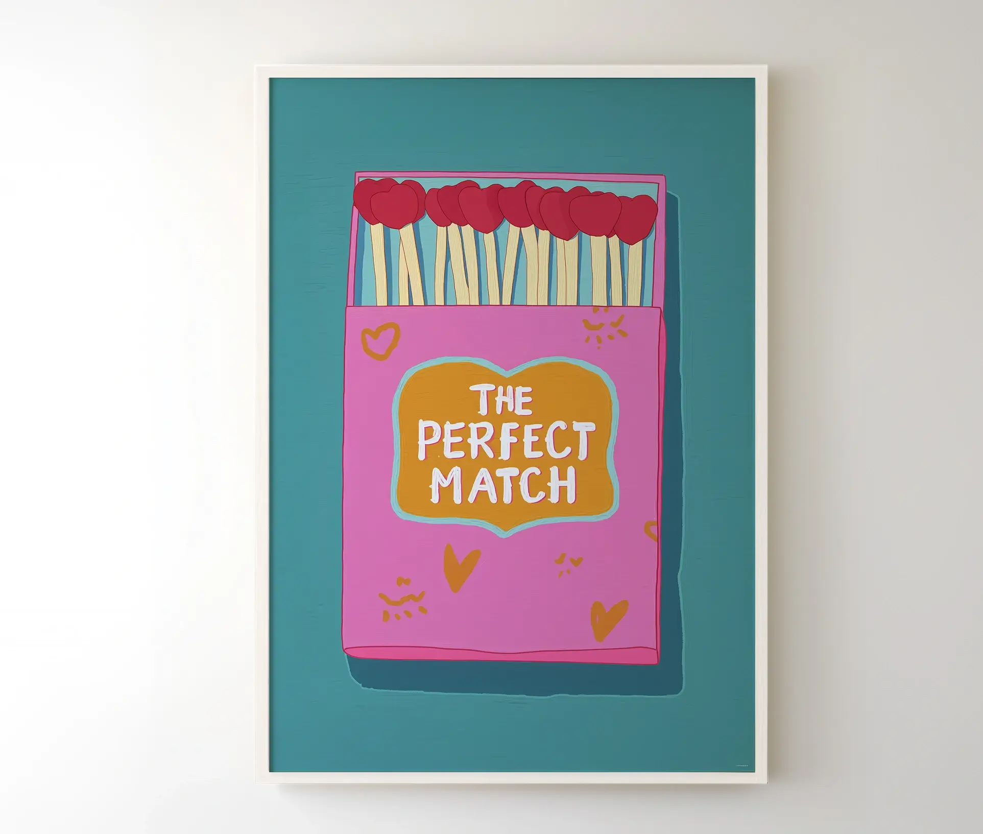 Plakat med tændstikæske i pink og teksten The Perfect Match i hvid ramme
