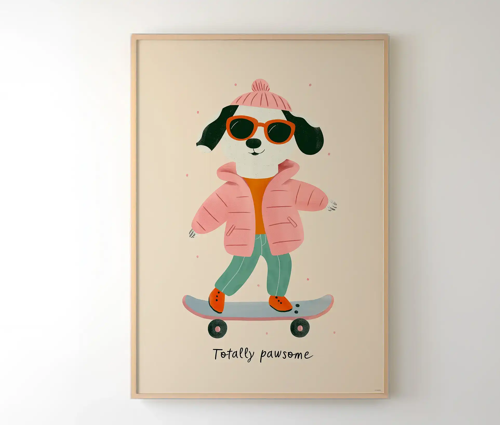 Plakat med hund på skateboard i træramme.
