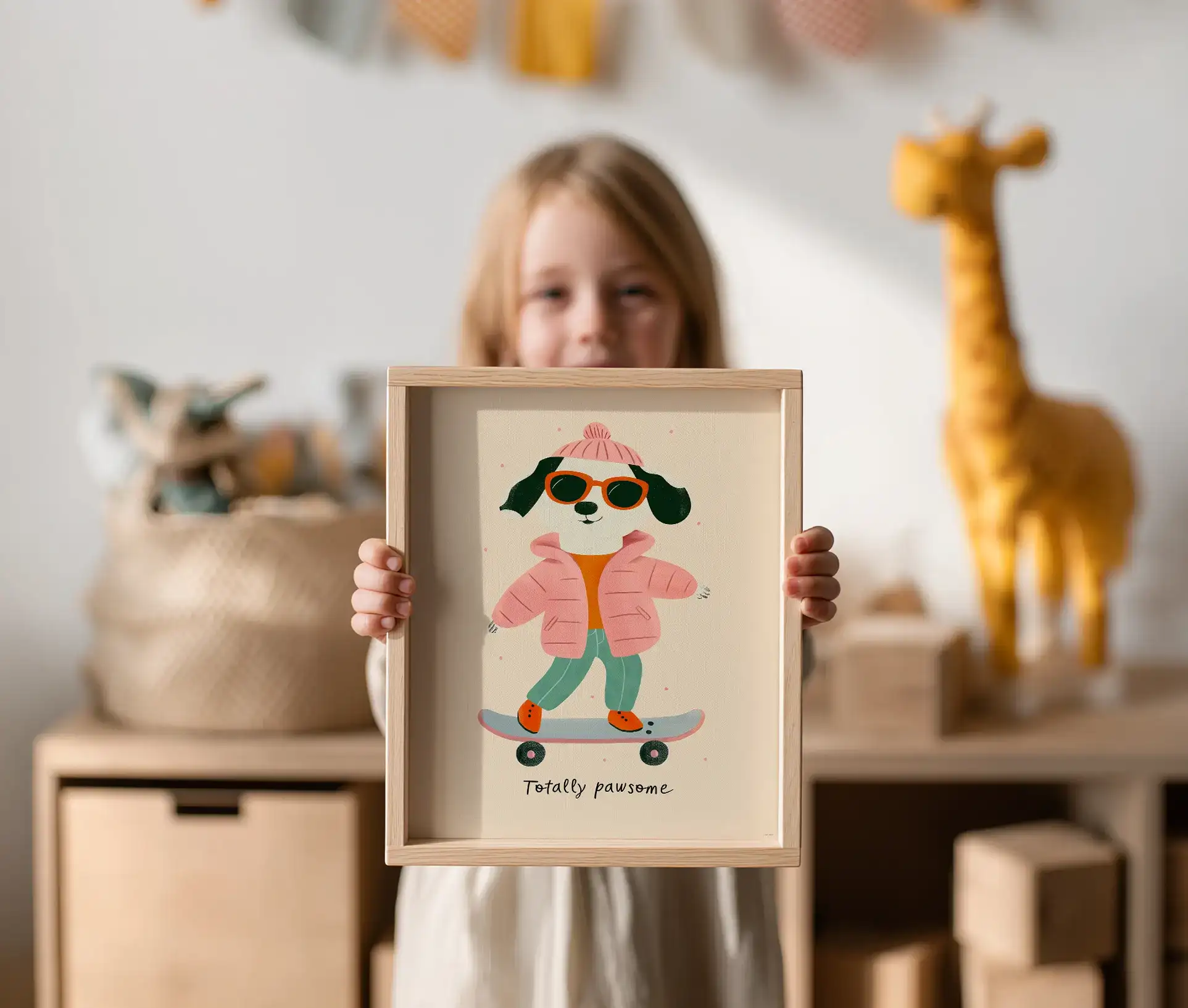 Barn holder plakat med skaterhund og teksten “Totally Pawsome”.