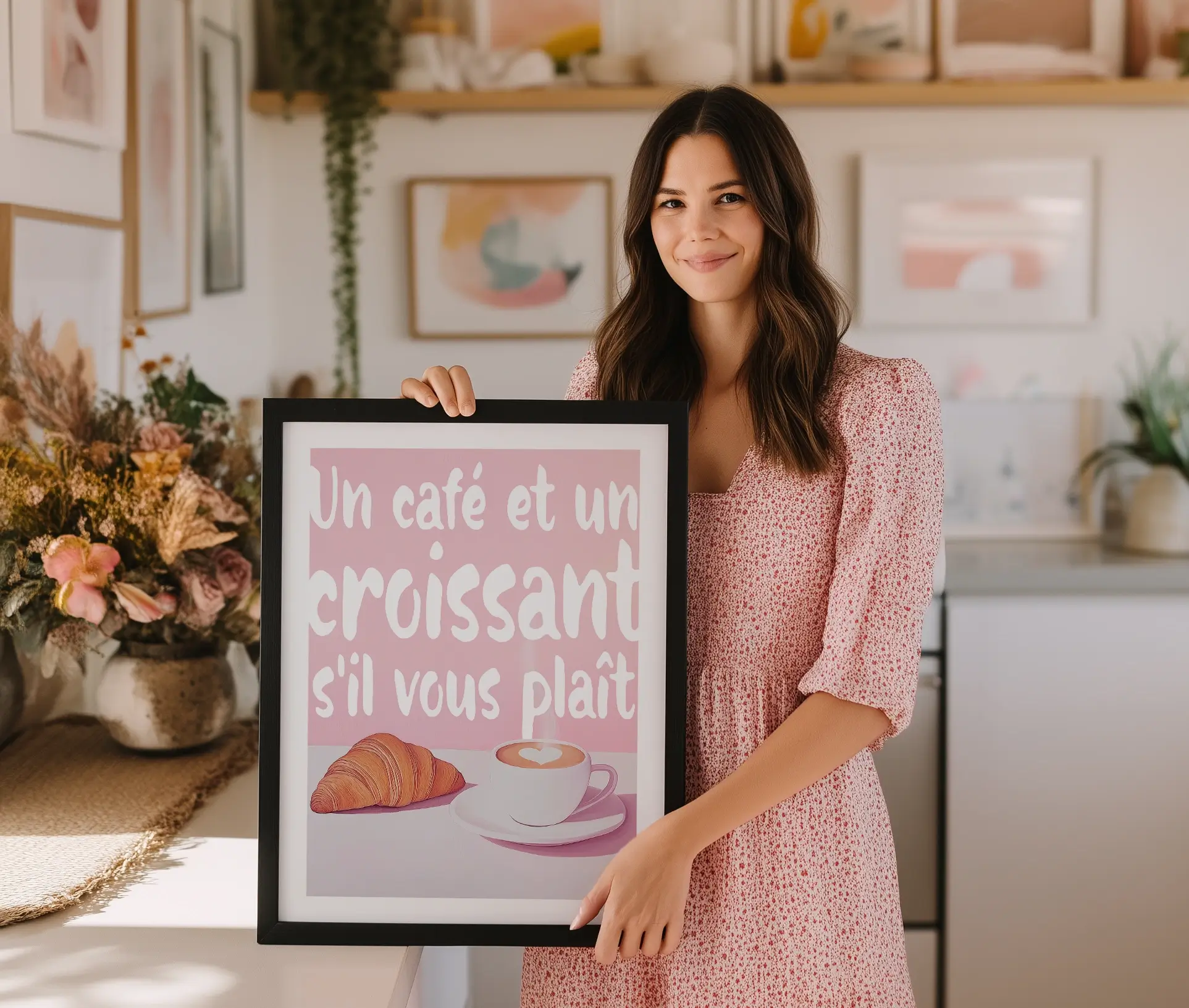 Person holder plakat med illustration af kaffe, croissant og fransk tekst