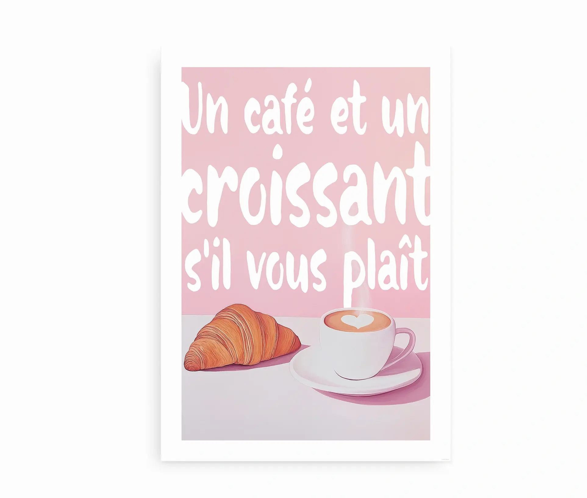 Plakat med lyserød baggrund, fransk tekst samt illustration af kaffe og croissant
