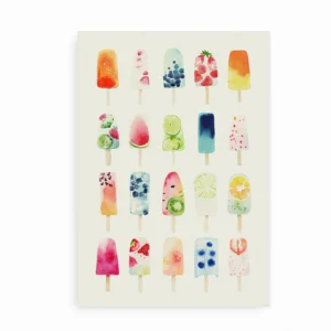 Indrammet plakat med farverige ispinde på lys baggrund