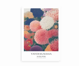 Plakat med detaljeret blomsterillustration og teksten "Yayoi Kusama – Tokyo National Museum"