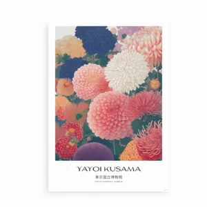 Plakat med detaljeret blomsterillustration og teksten "Yayoi Kusama – Tokyo National Museum"