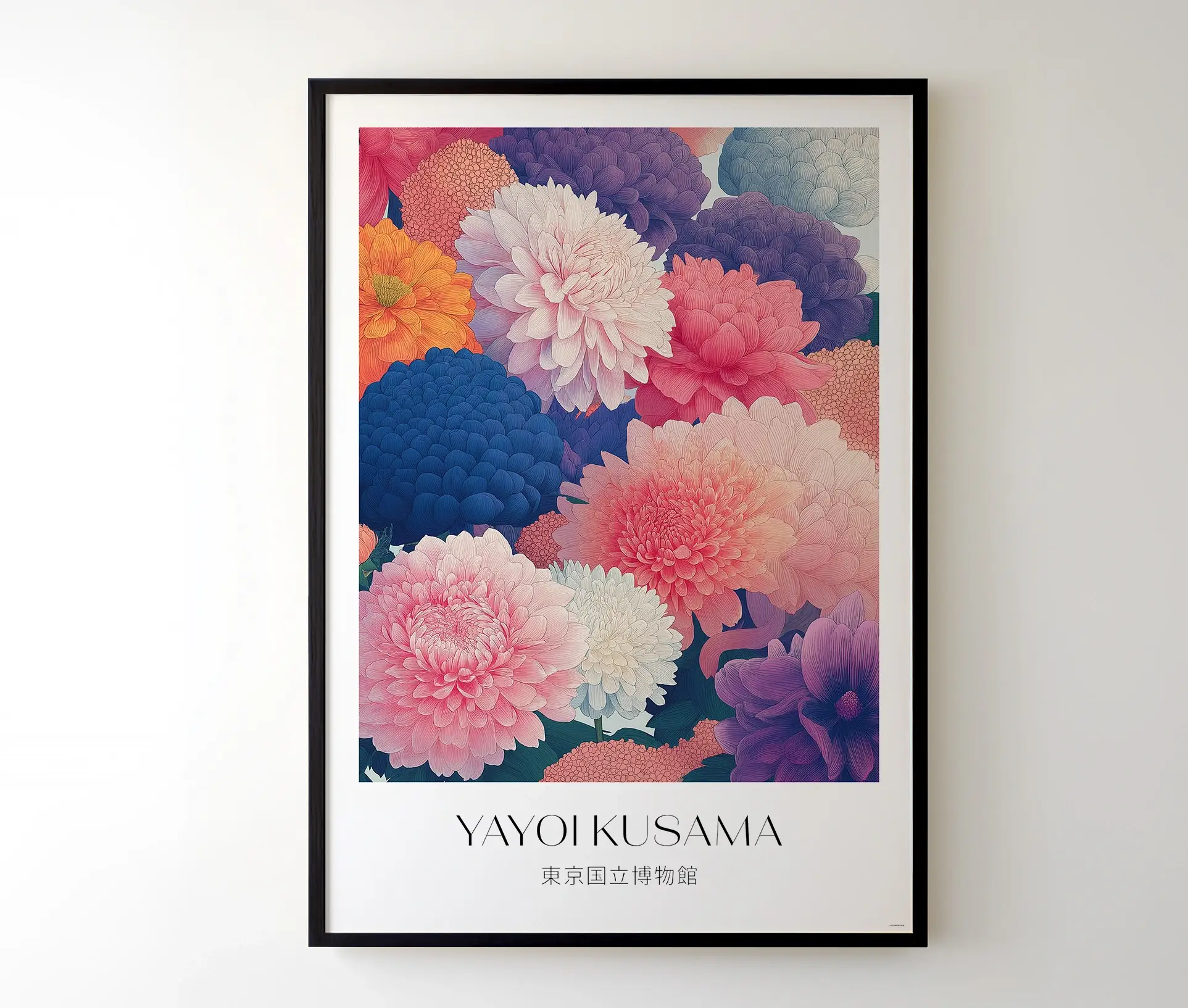Indrammet plakat med blomsterillustration og navnet "Yayoi Kusama"