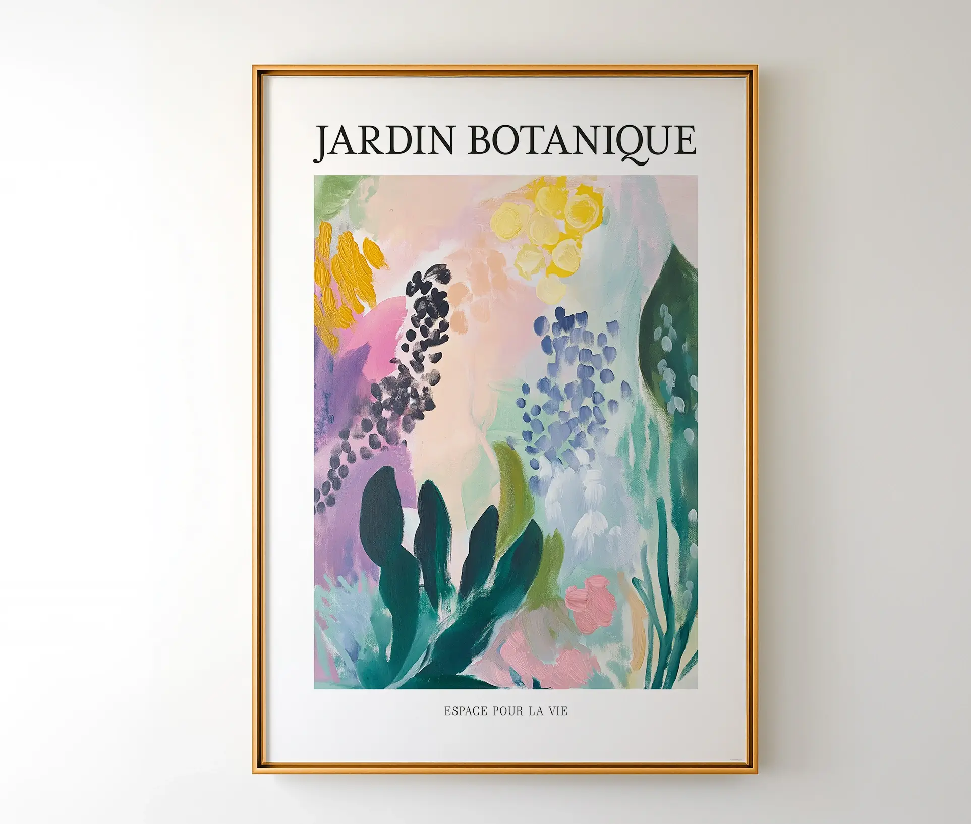 Indrammet plakat med botanisk motiv og teksten "Jardin Botanique"