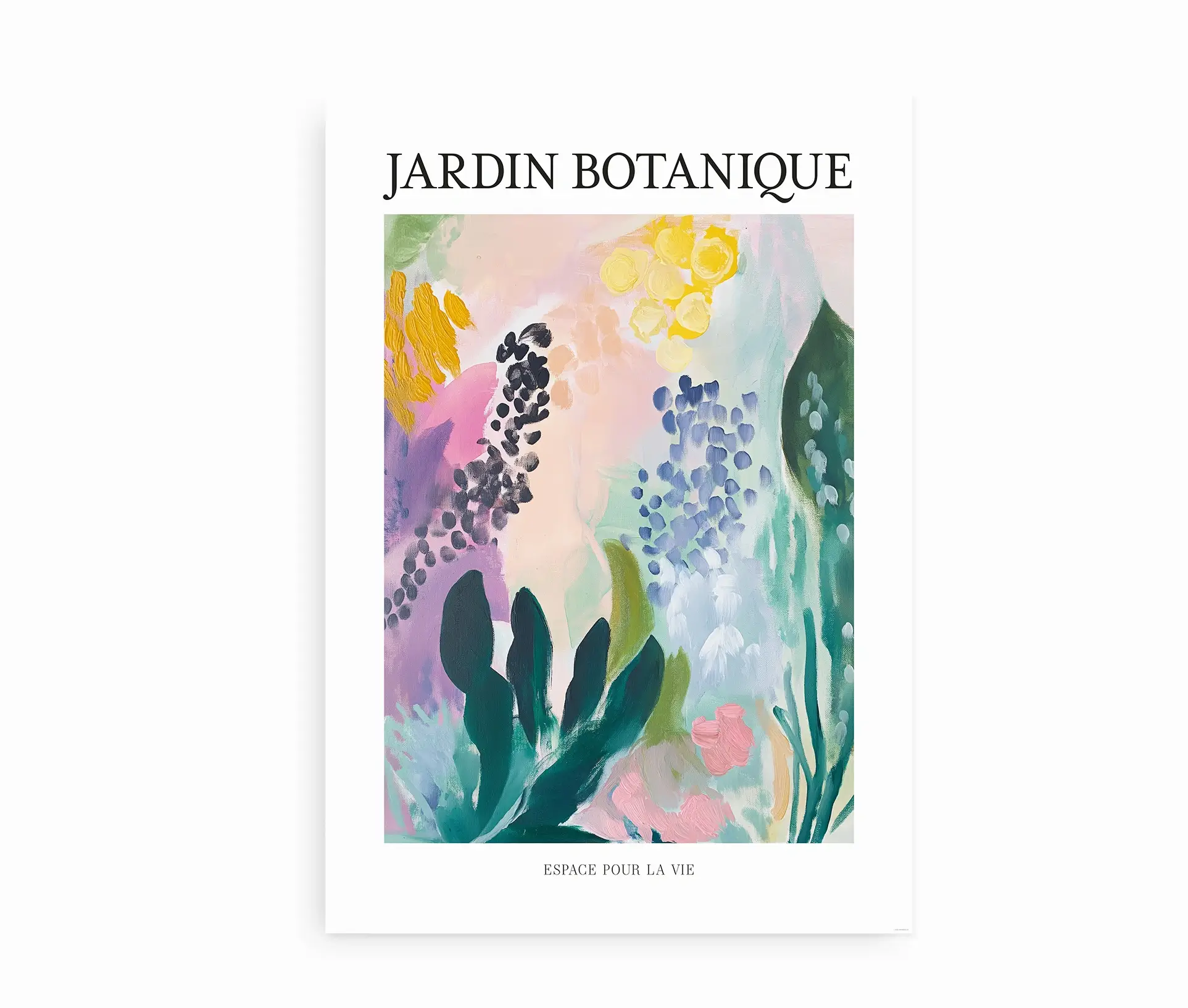 Plakat med farverigt botanisk motiv og teksten "Jardin Botanique"