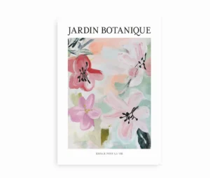 Plakat med maleriske blomster i lyserøde nuancer og teksten "Jardin Botanique"