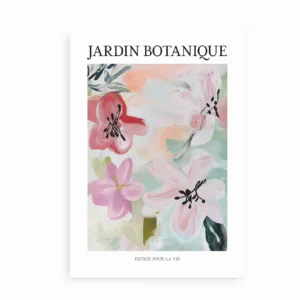 Plakat med maleriske blomster i lyserøde nuancer og teksten "Jardin Botanique"