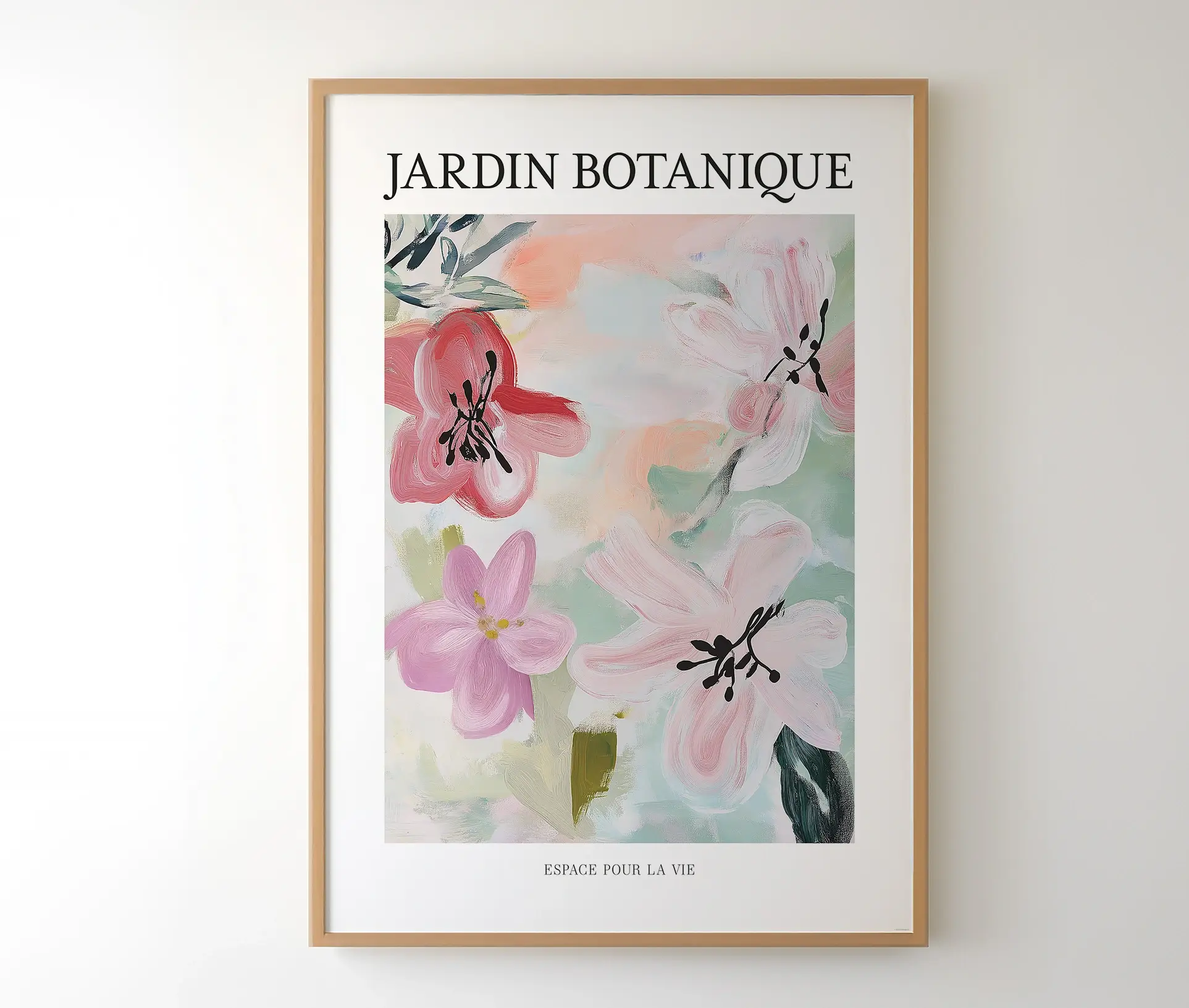 Indrammet plakat med blomster i rosa farver og teksten "Jardin Botanique"