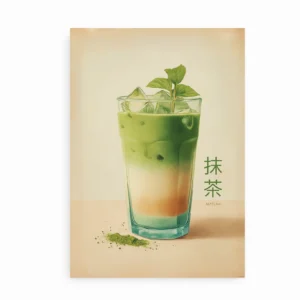 Plakat med illustration af matcha iced latte i glas med japansk tekst