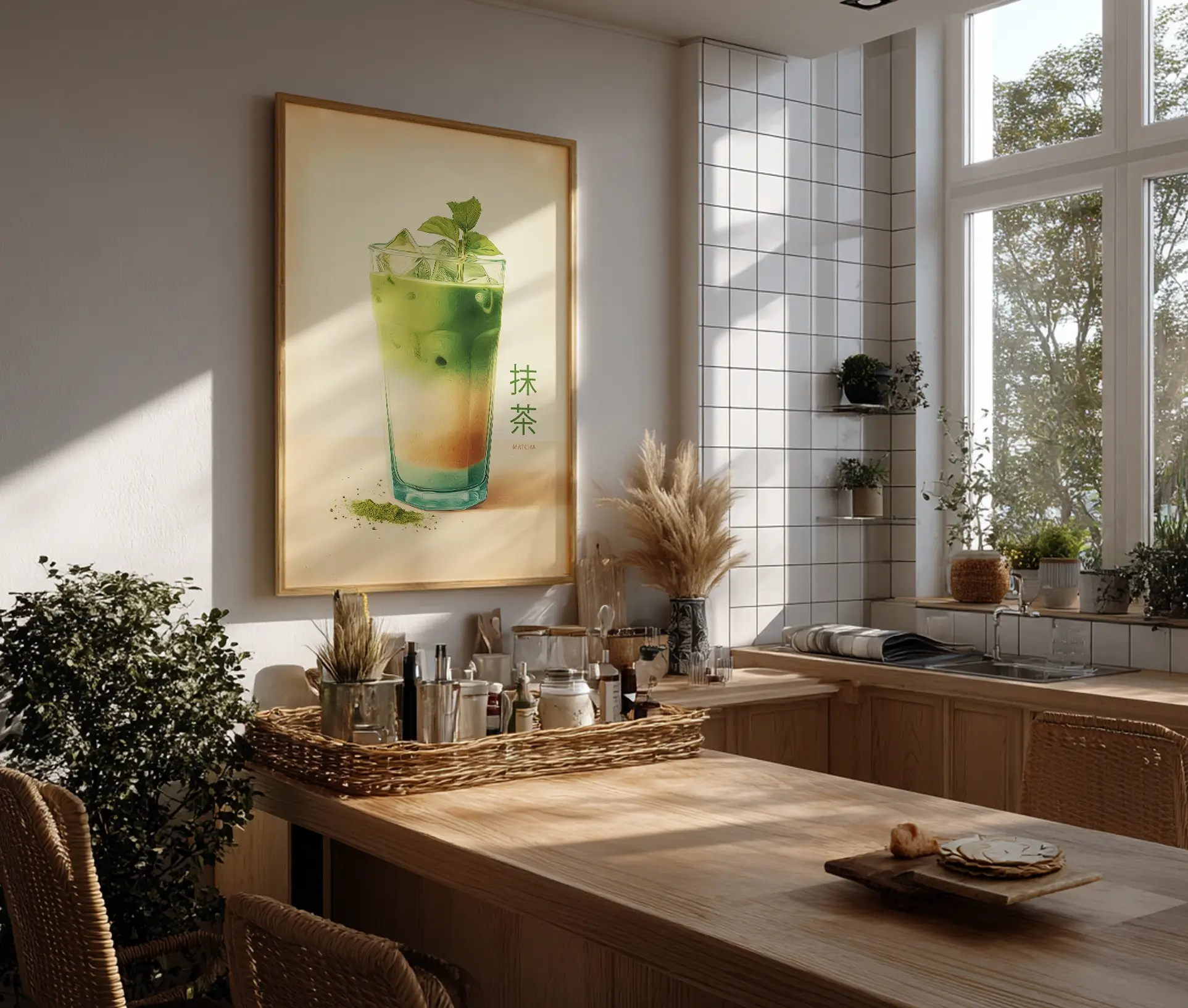 Plakat med matcha latte hænger i lyst køkkenmiljø med naturlige elementer