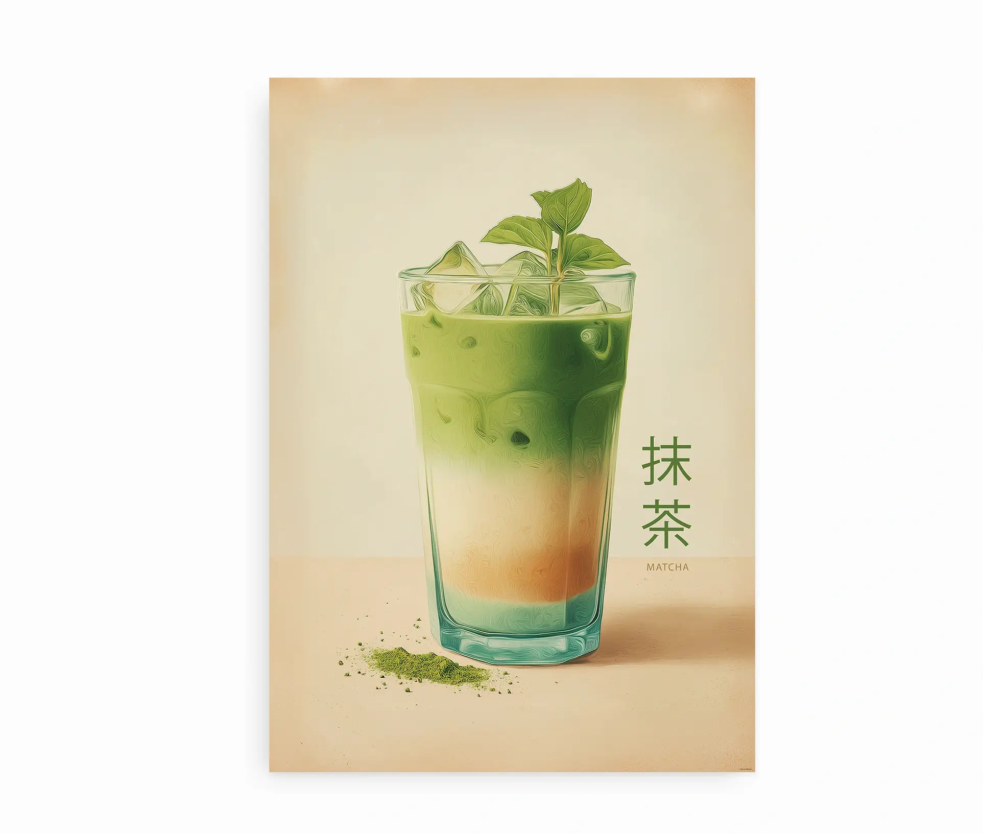Plakat med illustration af matcha iced latte i glas med japansk tekst