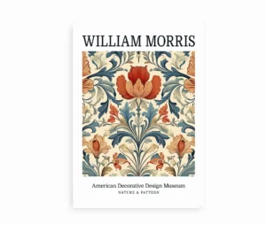 Plakat med botanisk mønster i William Morris-stil og teksten "Nature & Pattern"