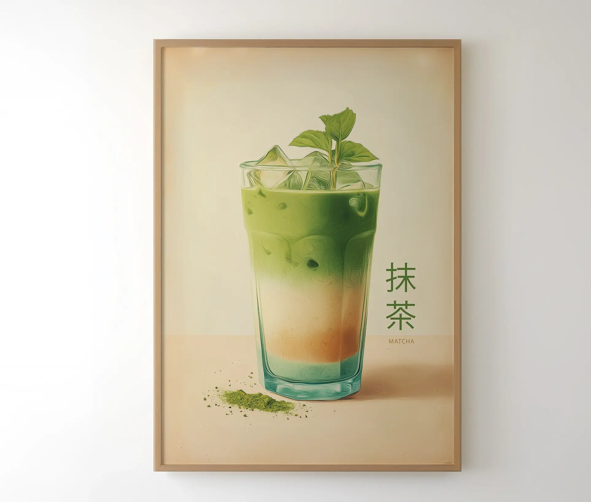Plakat med indrammet illustration af matcha iced latte og japansk skrift