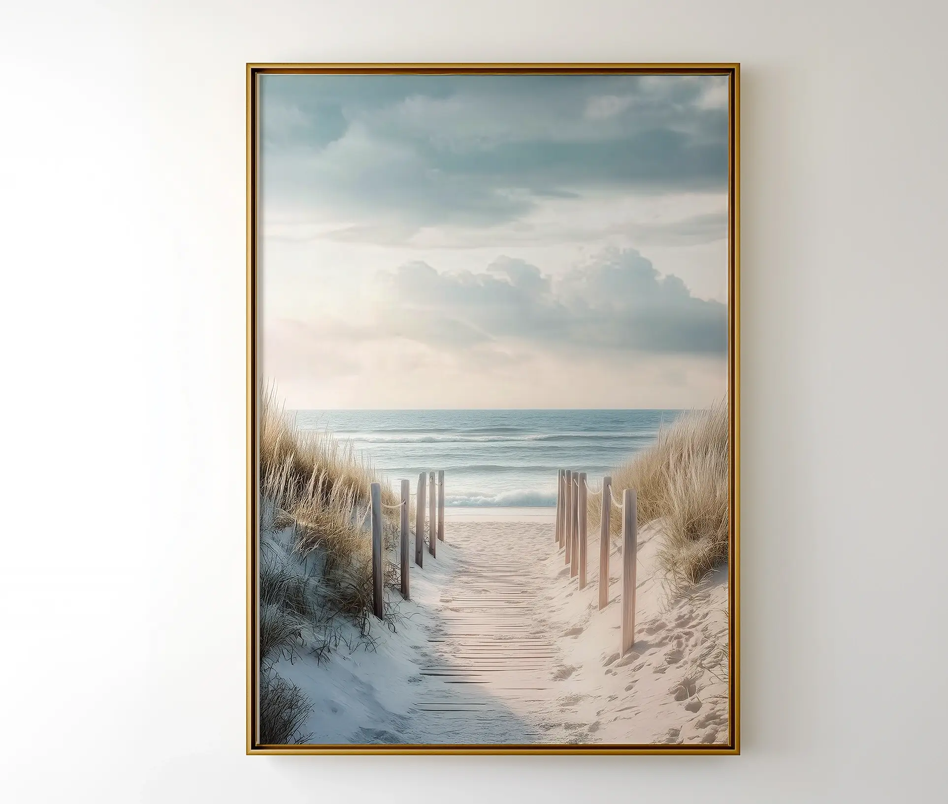 Plakat med sandsti mellem klitter og havudsigt under pastelblå himmel