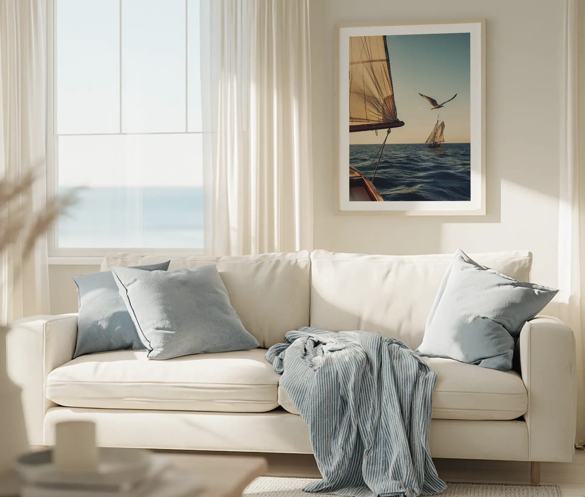 Plakat med sejlskibe og måge hænger i stue over lys sofa