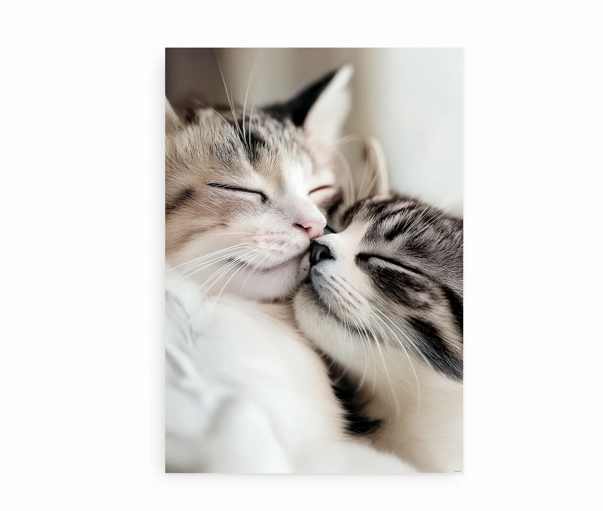 Plakat med to sovende katte, der rører næser, vist i ramme