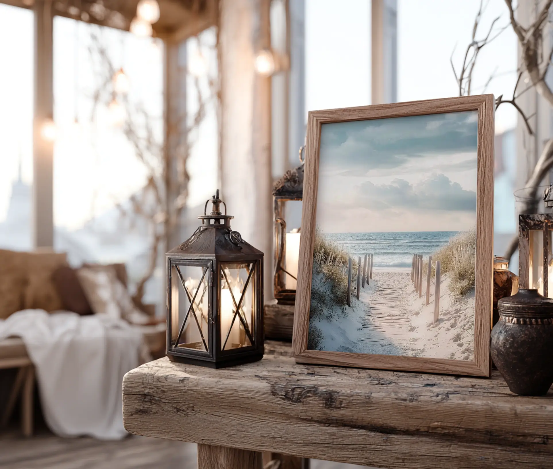 Plakat med strandmotiv i ramme, placeret på rustikt træbord