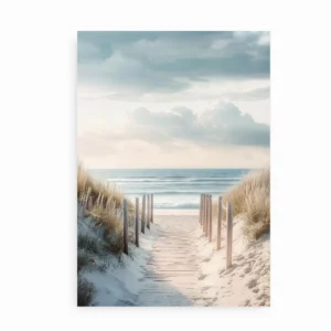 Plakat med sandsti og marehalm ned mod havet i bløde naturtoner