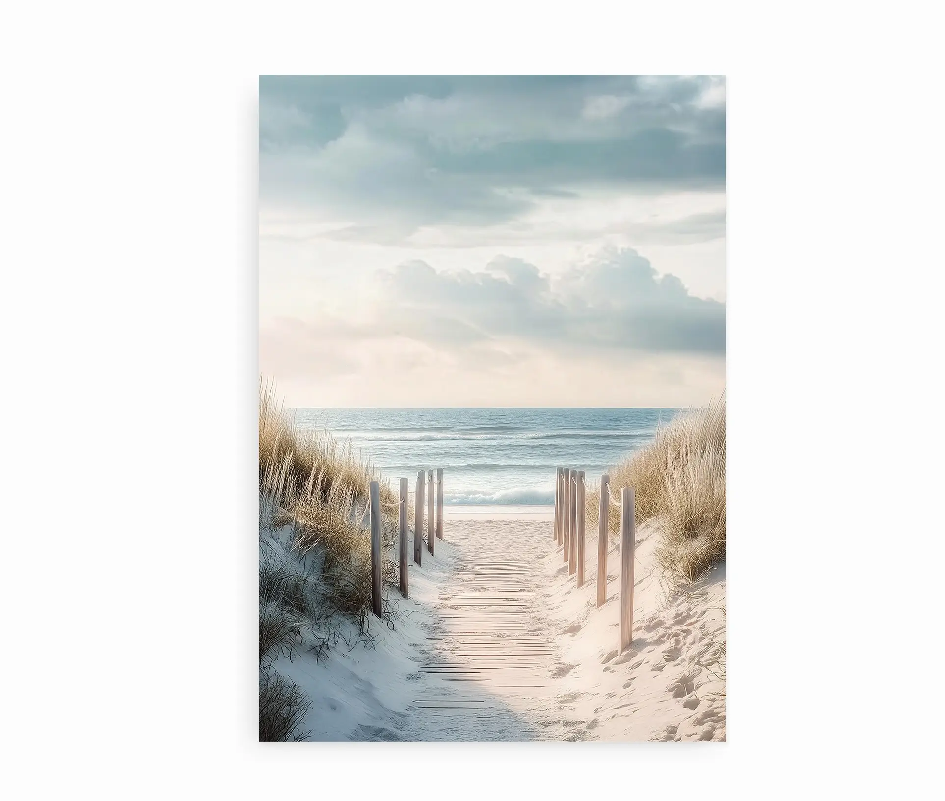 Plakat med sandsti og marehalm ned mod havet i bløde naturtoner