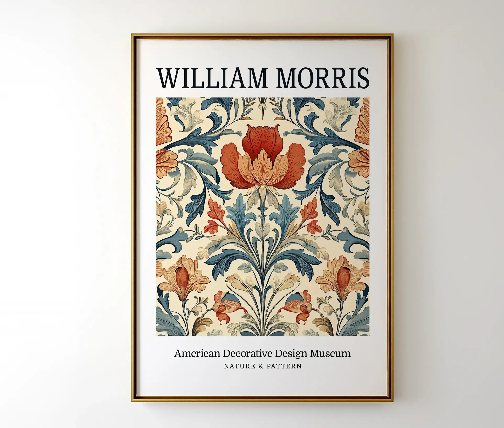 Indrammet plakat med blomstermønster og teksten "William Morris"