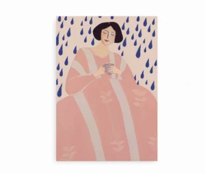Plakat med illustration af kvinde med varm kop i hånden omgivet af blå regndråber