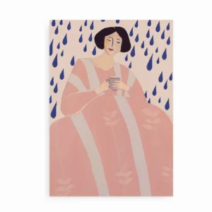 Plakat med illustration af kvinde med varm kop i hånden omgivet af blå regndråber