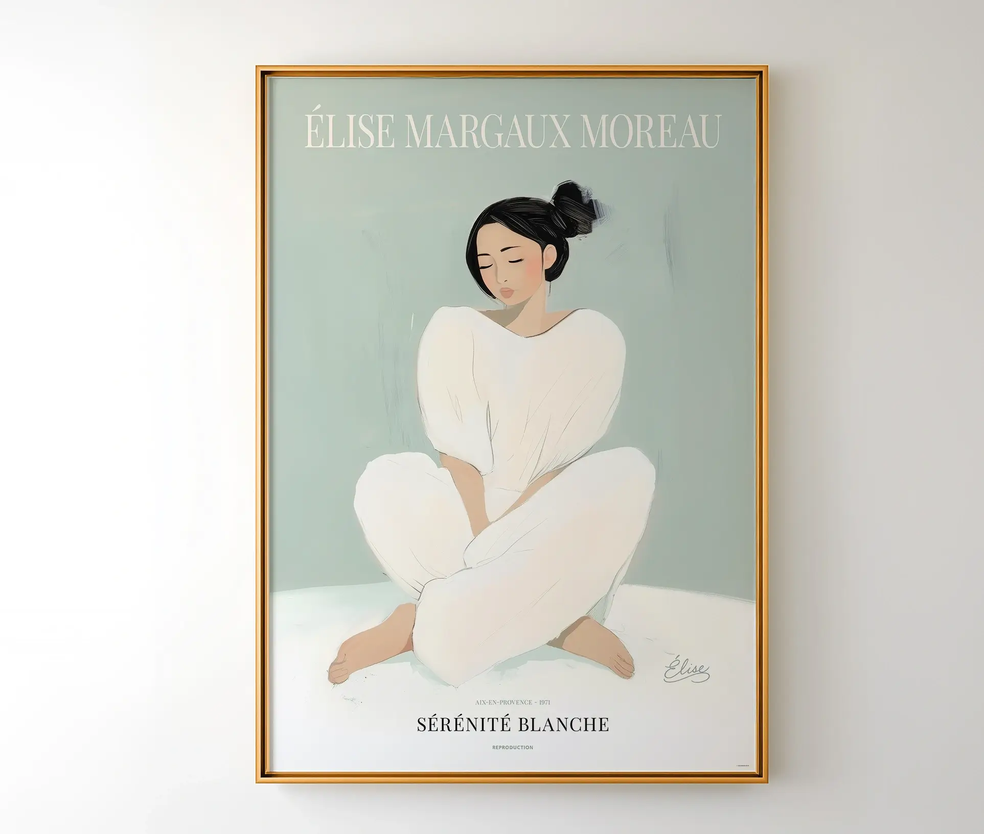 Plakat med kvindemotiv og fransk tekst vist i ramme