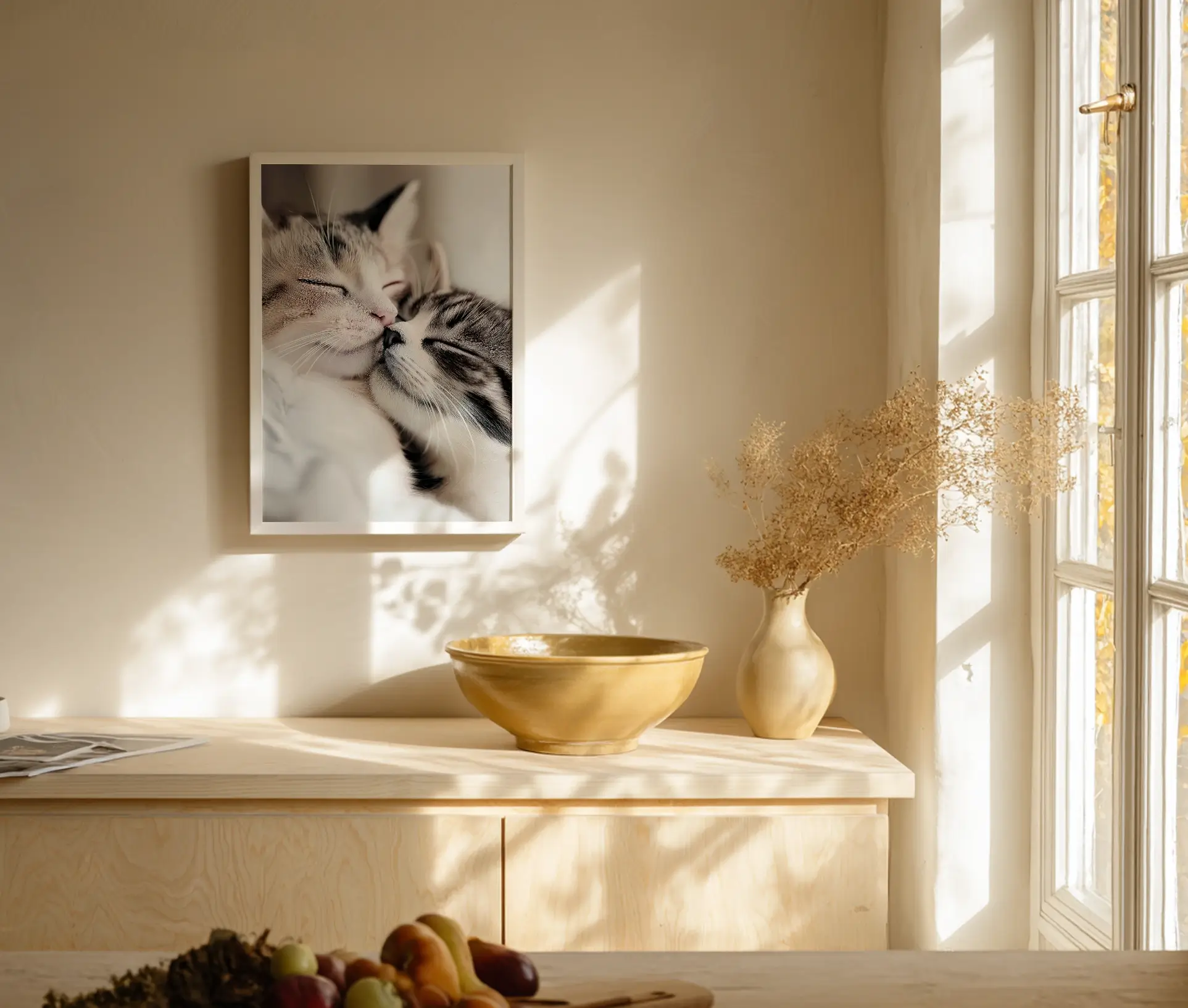 Plakat med to sovende katte ophængt i solbeskinnet rum