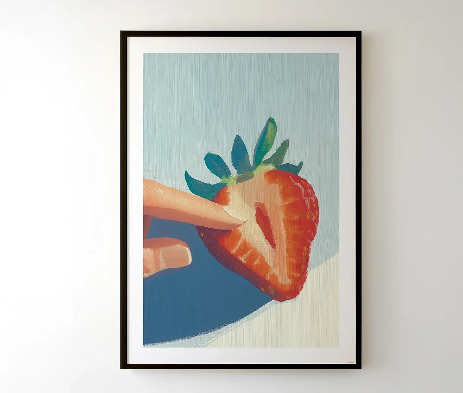 Plakat med halveret jordbær og finger på lyseblå baggrund, vist i ramme