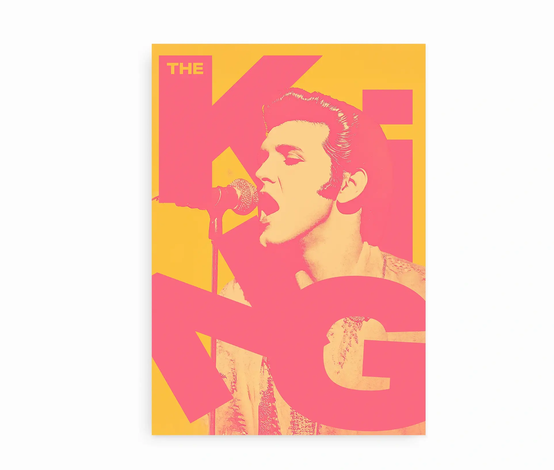 Plakat med Elvis Presley i pink og gul pop-art stil og teksten "The King"