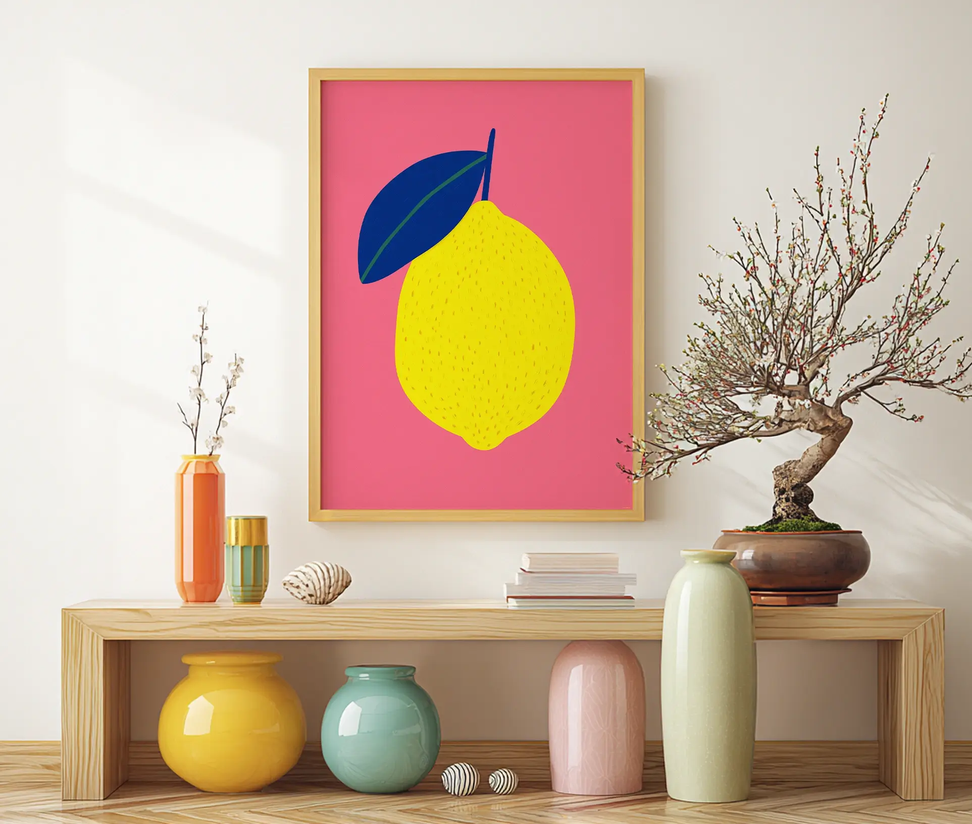 Yellow Lemon plakat med citronmotiv ophængt i moderne interiør