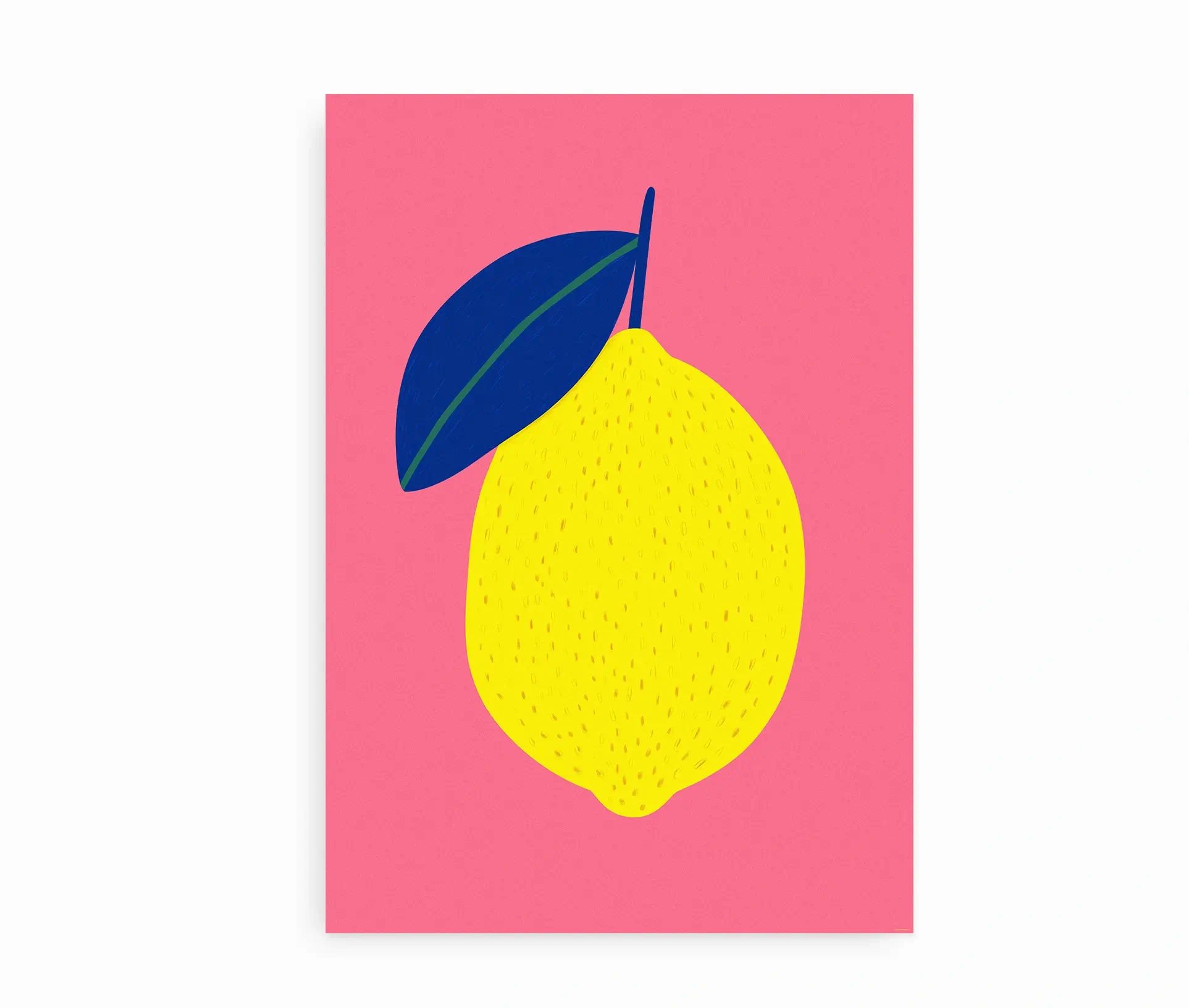 Plakat med stor gul citron og blåt blad på pink baggrund