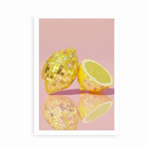 Plakat med to citroner designet som diskokugler på lyserød baggrund